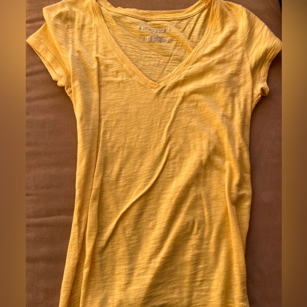 Aeropostale Yellow V-neck fitted tee, burn out style